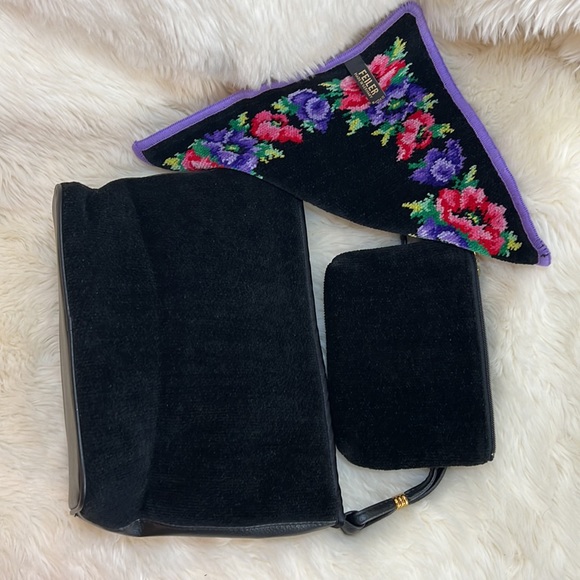 FEILER black red purple chenille floral handbag set of 3 - Picture 5 of 5